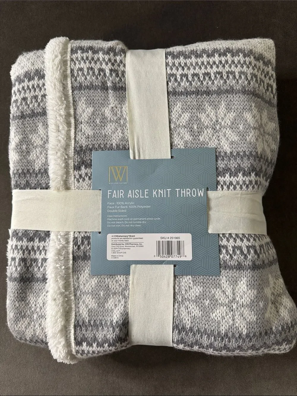 Wayland Square Fair Aisle Knit Throw Blanket Gray & White Faux Fur 50x60” NEW